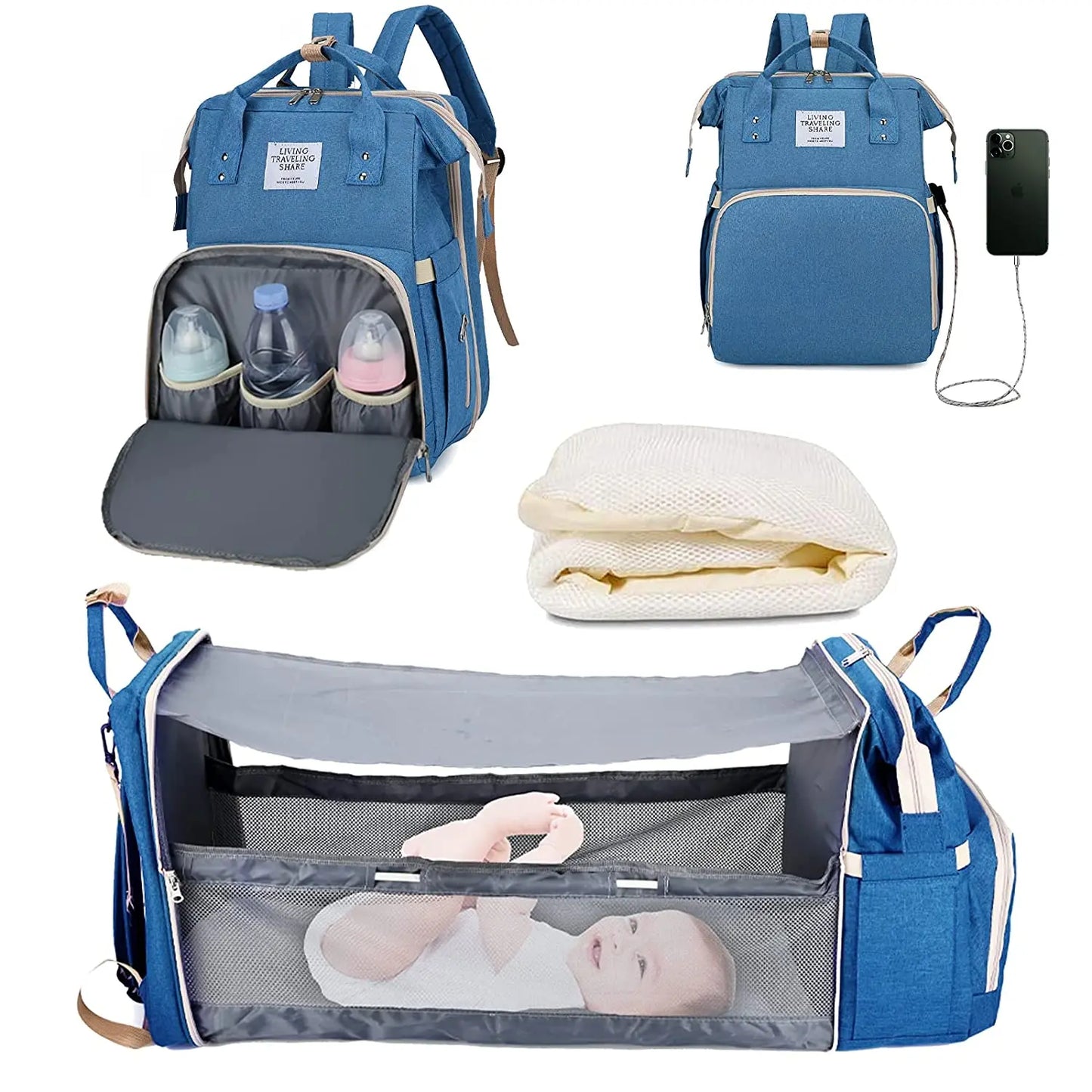 3-in-1 Diaper Bag Backpack with Foldable Baby Bed