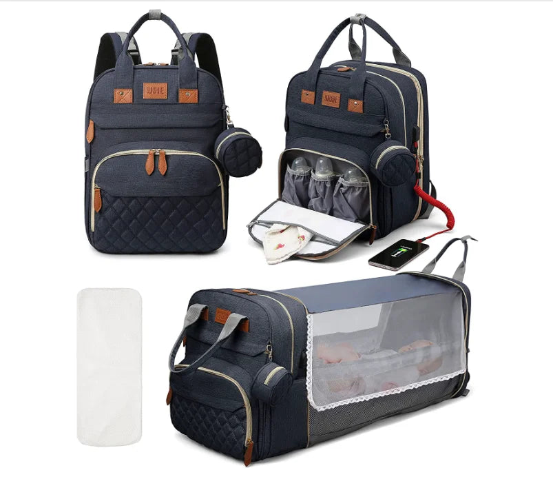 3-in-1 Diaper Bag Backpack with Foldable Baby Bed