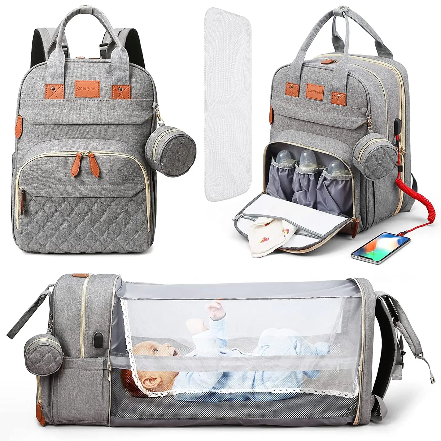3-in-1 Diaper Bag Backpack with Foldable Baby Bed