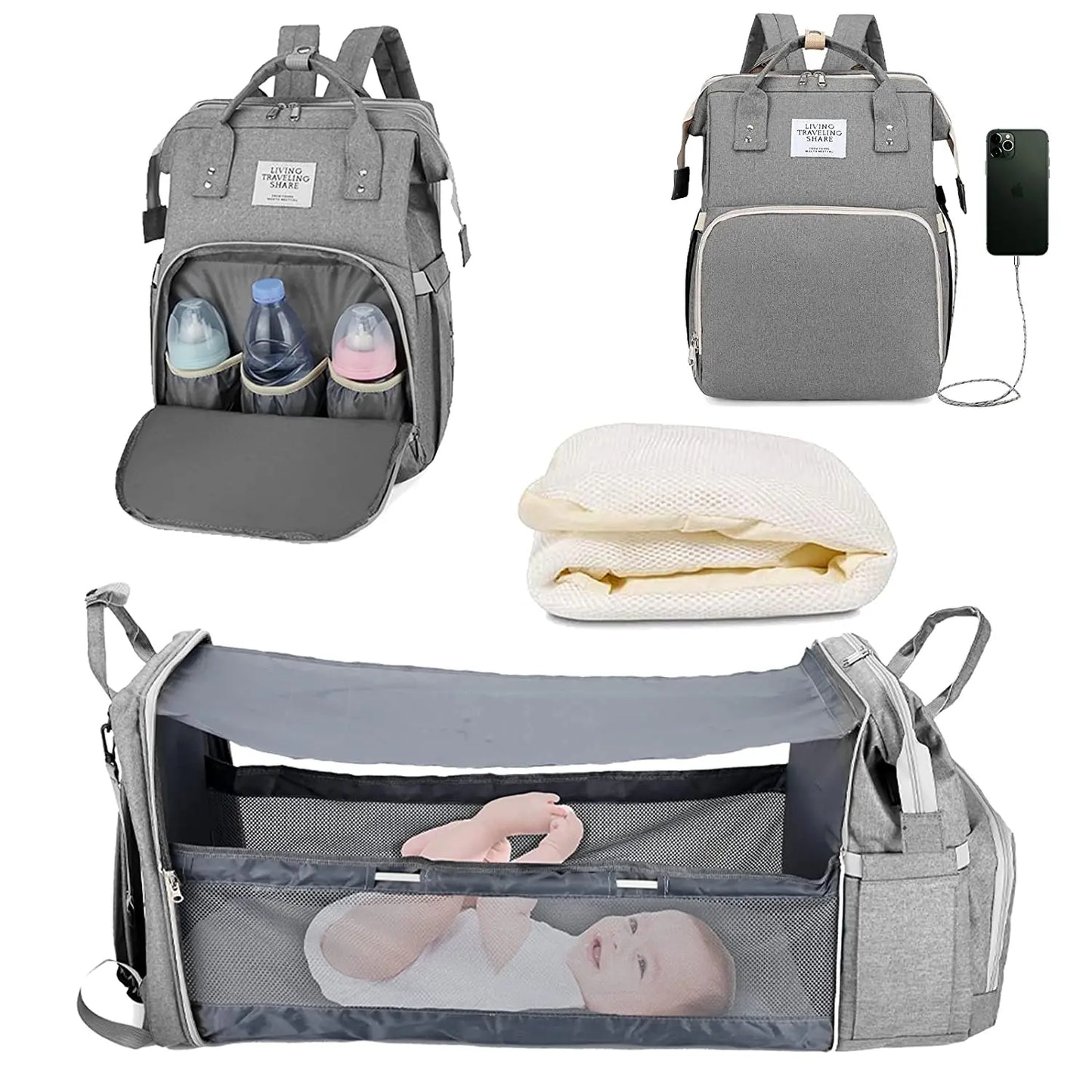 3-in-1 Diaper Bag Backpack with Foldable Baby Bed