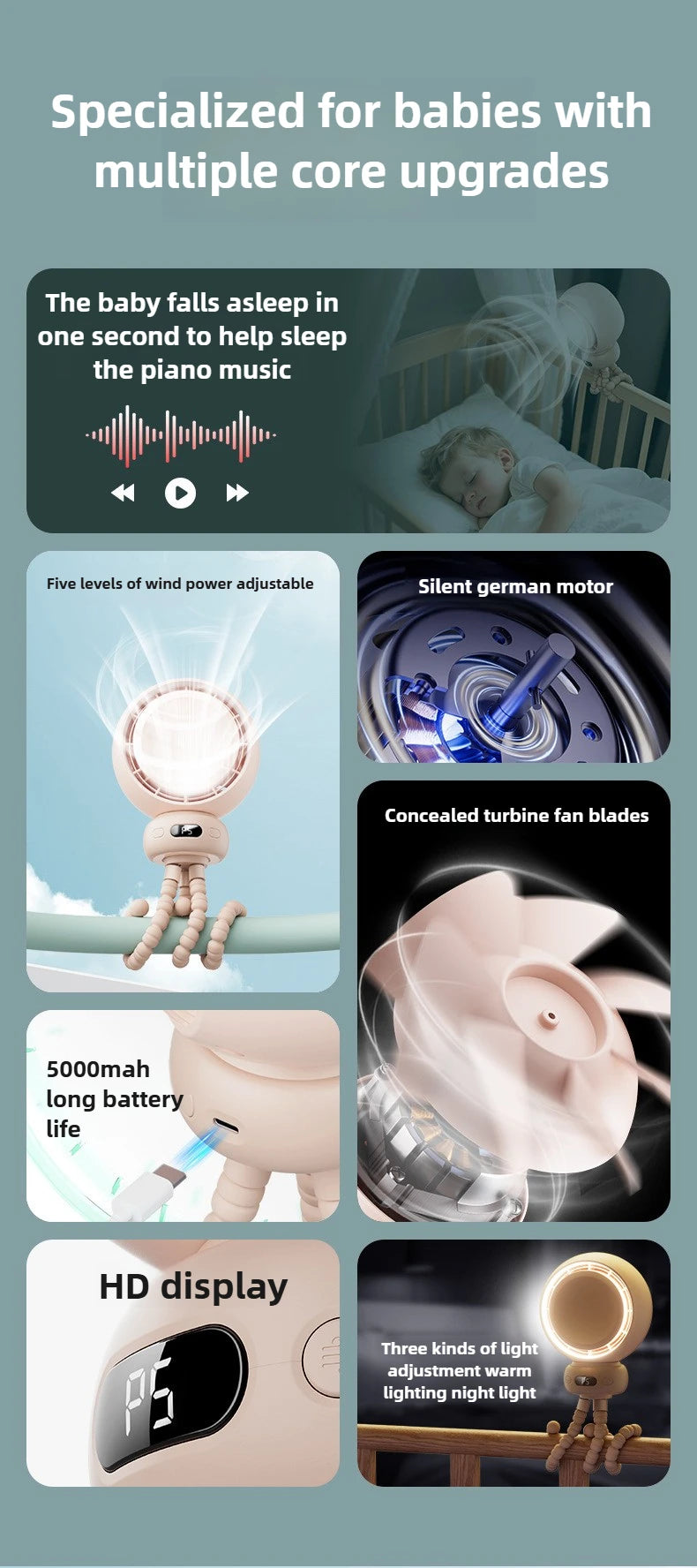 Bladeless Baby Stroller Fan with LED Display
