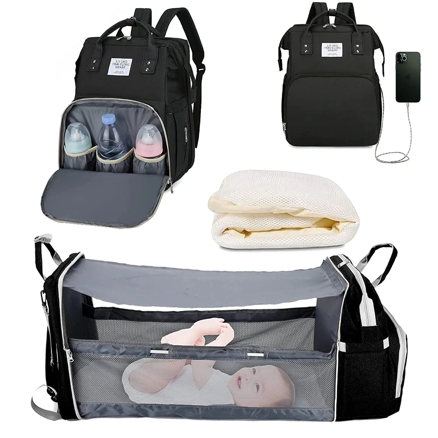 3-in-1 Diaper Bag Backpack with Foldable Baby Bed