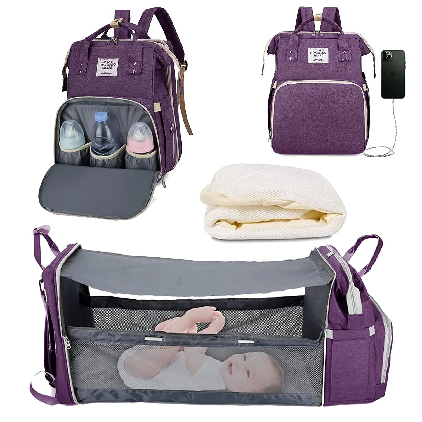 3-in-1 Diaper Bag Backpack with Foldable Baby Bed