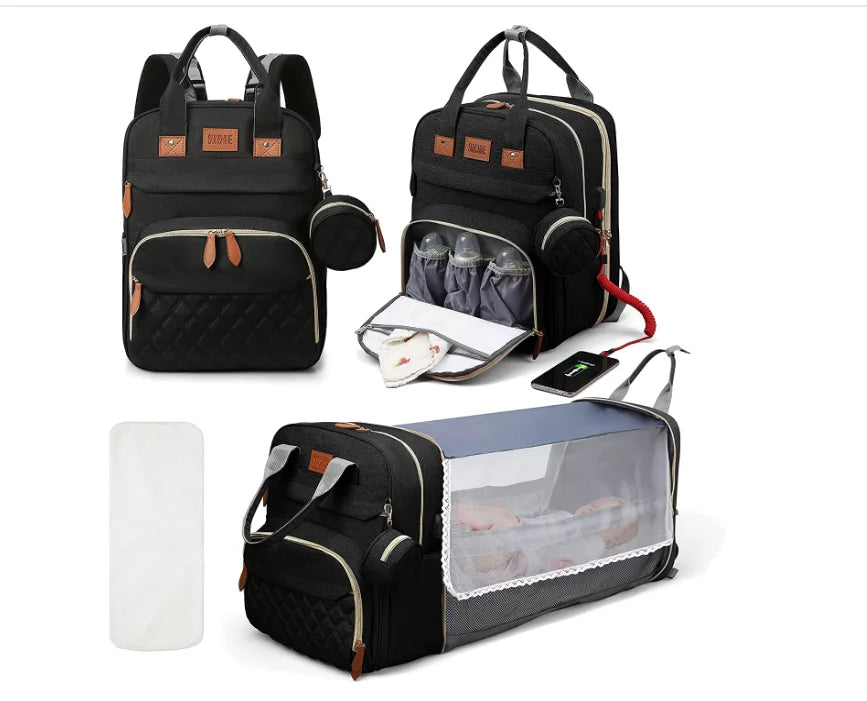 3-in-1 Diaper Bag Backpack with Foldable Baby Bed