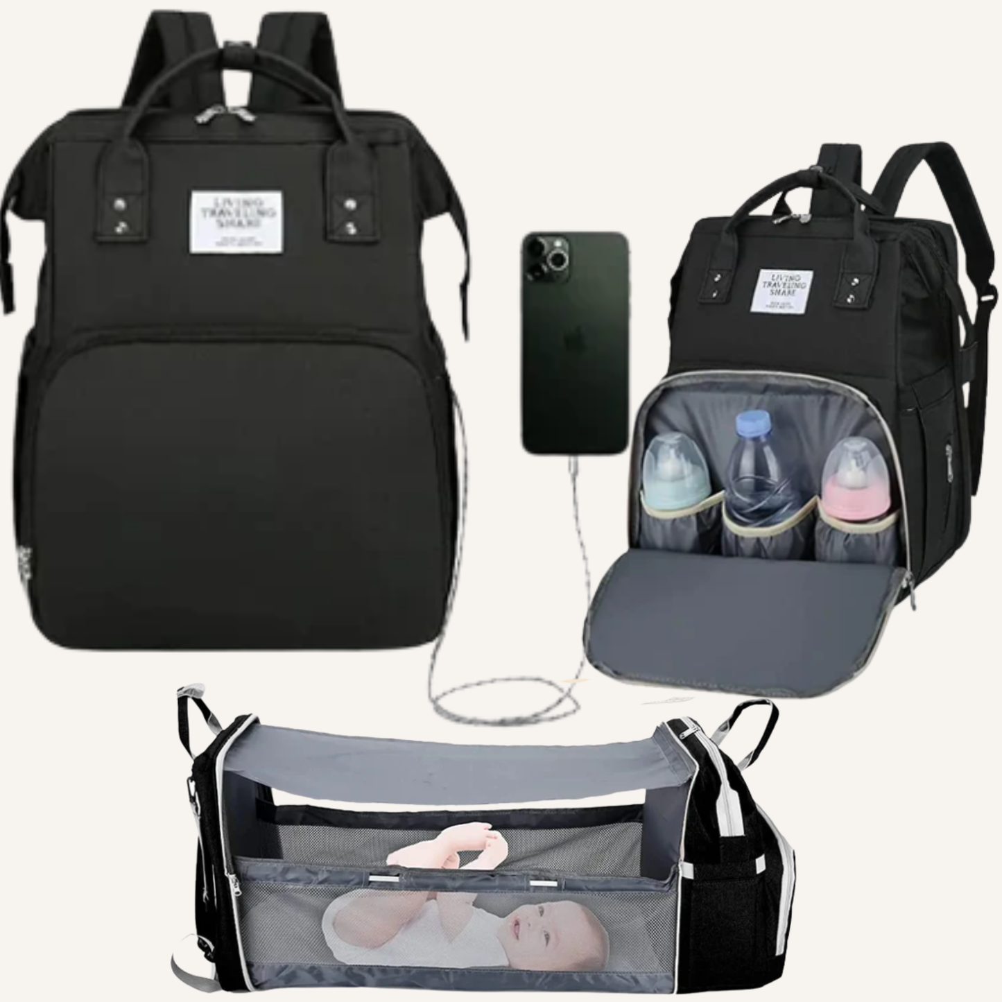 3-in-1 Nappy BackPack with Foldable Baby Bed