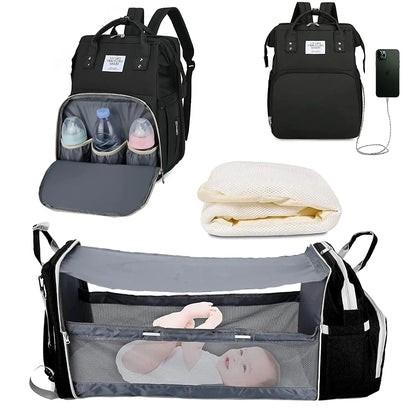 3-in-1 Diaper Bag Backpack with Foldable Baby Bed