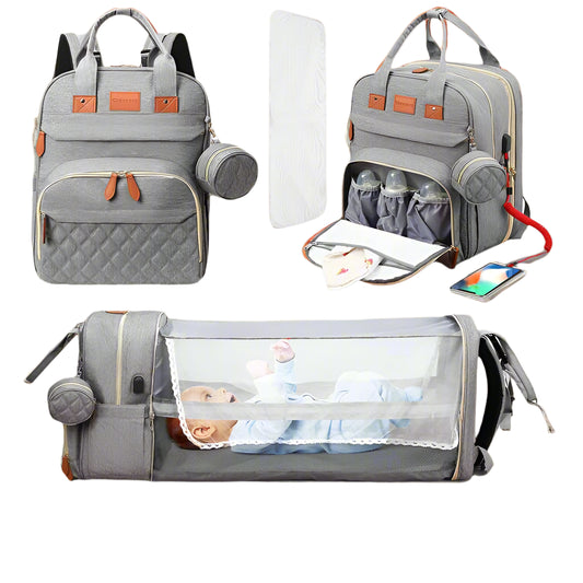 3-in-1 Diaper Bag Backpack with Foldable Baby Bed
